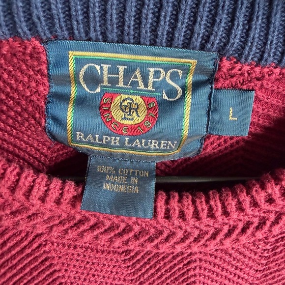 Chaps Ralph Lauren Mens Large Burgundy Chevron Cotton Knit Sweater Vintage - Picture 8 of 11